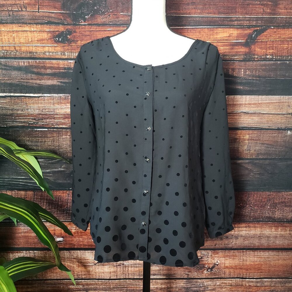 NWT Lands' End Blouse Top 4 Black on Black Velvet Swiss Dot Button Up 3/4 Sleeve